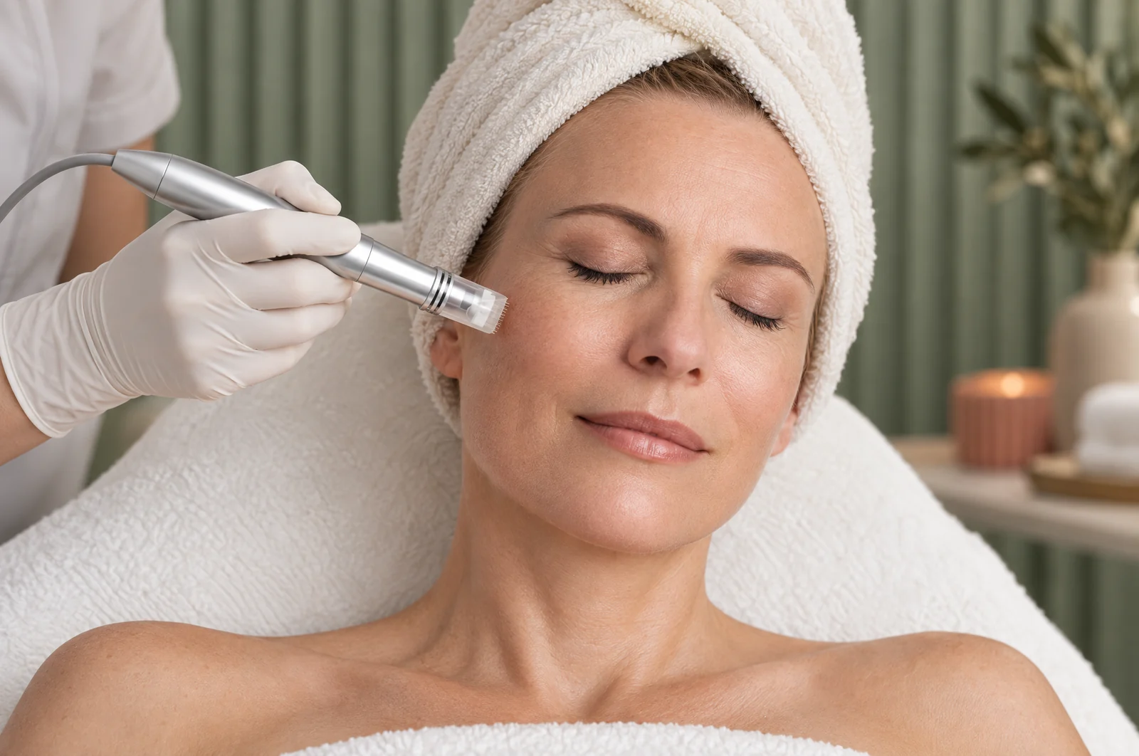 Microneedling im Gesicht mit einem feinen Nadel-Handstück